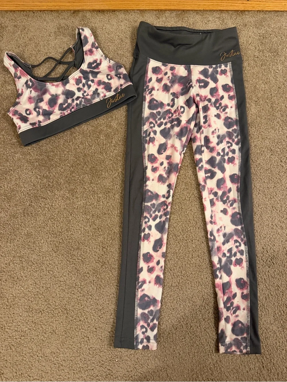 Justice Girls Pink & Gray Leopard Active Leggings and Sports Bra Set